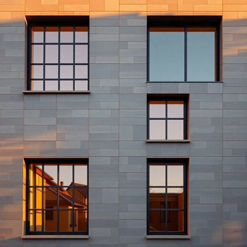 Fațadă arhitecturală modernistă din piatră slate cu ferestre geometrice