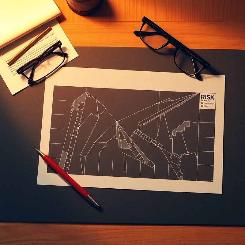 Diagramă de cartografiere a riscurilor pe un birou mat, cu pix și ochelari