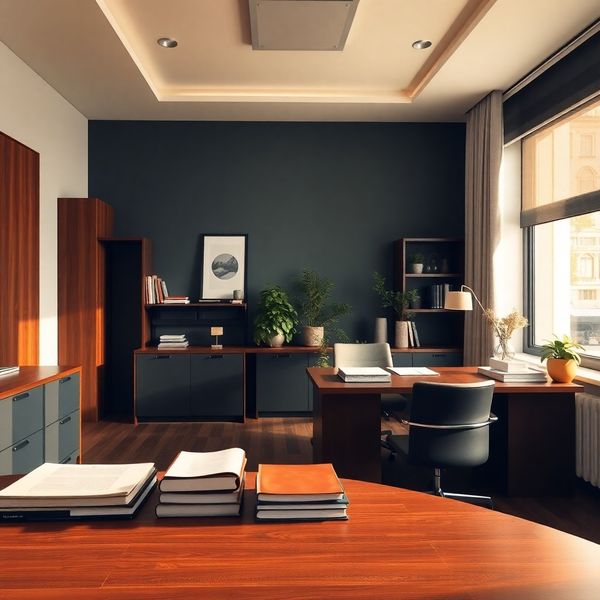 Interior de birou profesional cu accente slate și lemn, lumină caldă de după-amiază